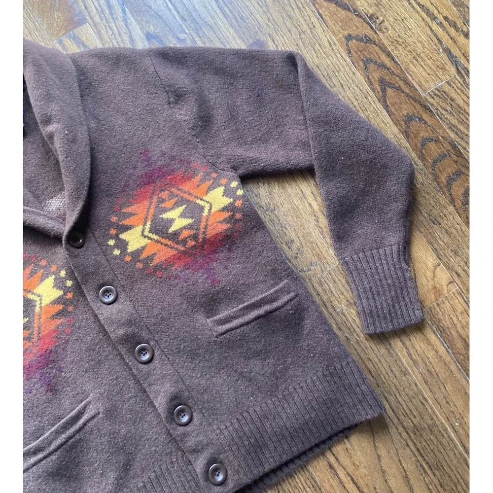 Pendleton Cardigan Sweater Womens XS Shawl Collar Aztec 100% Wool Chimayo Brown - Picture 3 of 9
